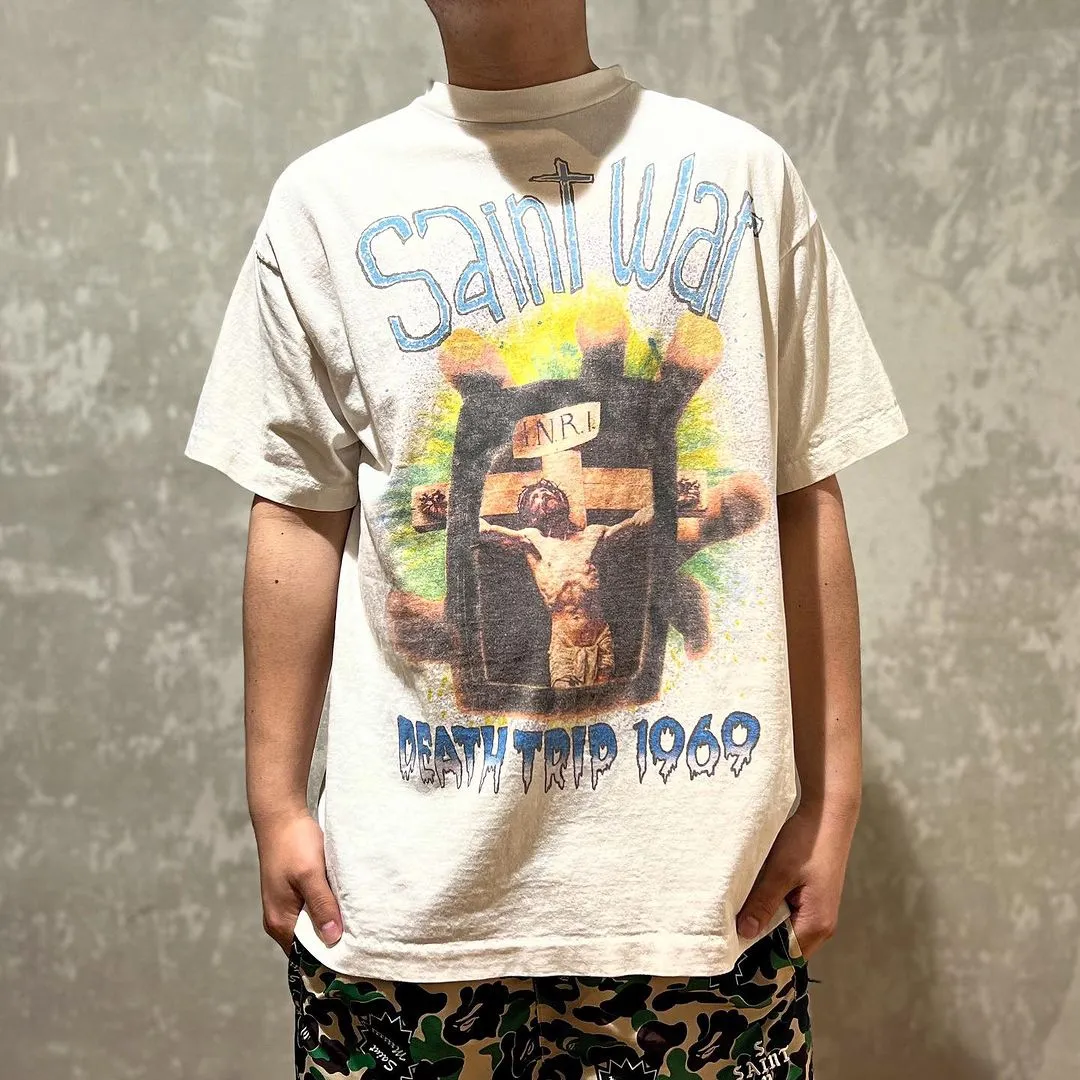 SAINT MICHAEL SAINT WAR TEE/WHAT new style Jesus cross retro short-sleeved, off-white S-XL, ready-to-wear, washed and distressed, printed repeatedly and modified, tube-woven seamless fabric, with little angel anti-counterfeiting label